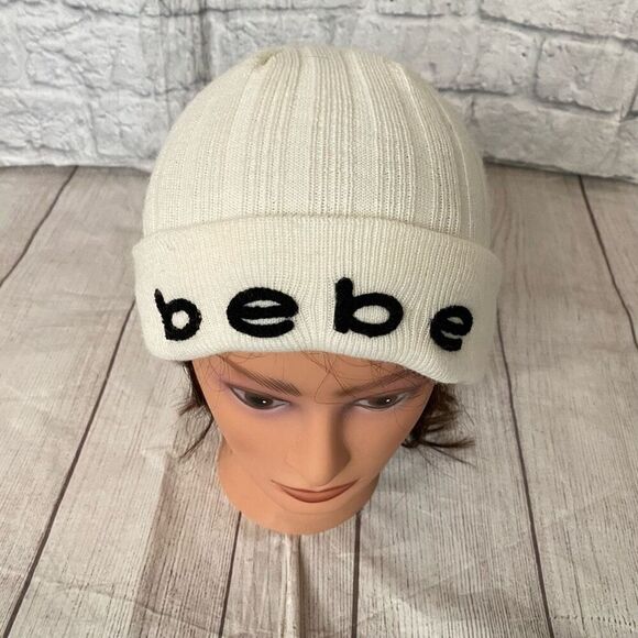 Bebe women OS Winter beanie and scarf white w/black writing main image 6